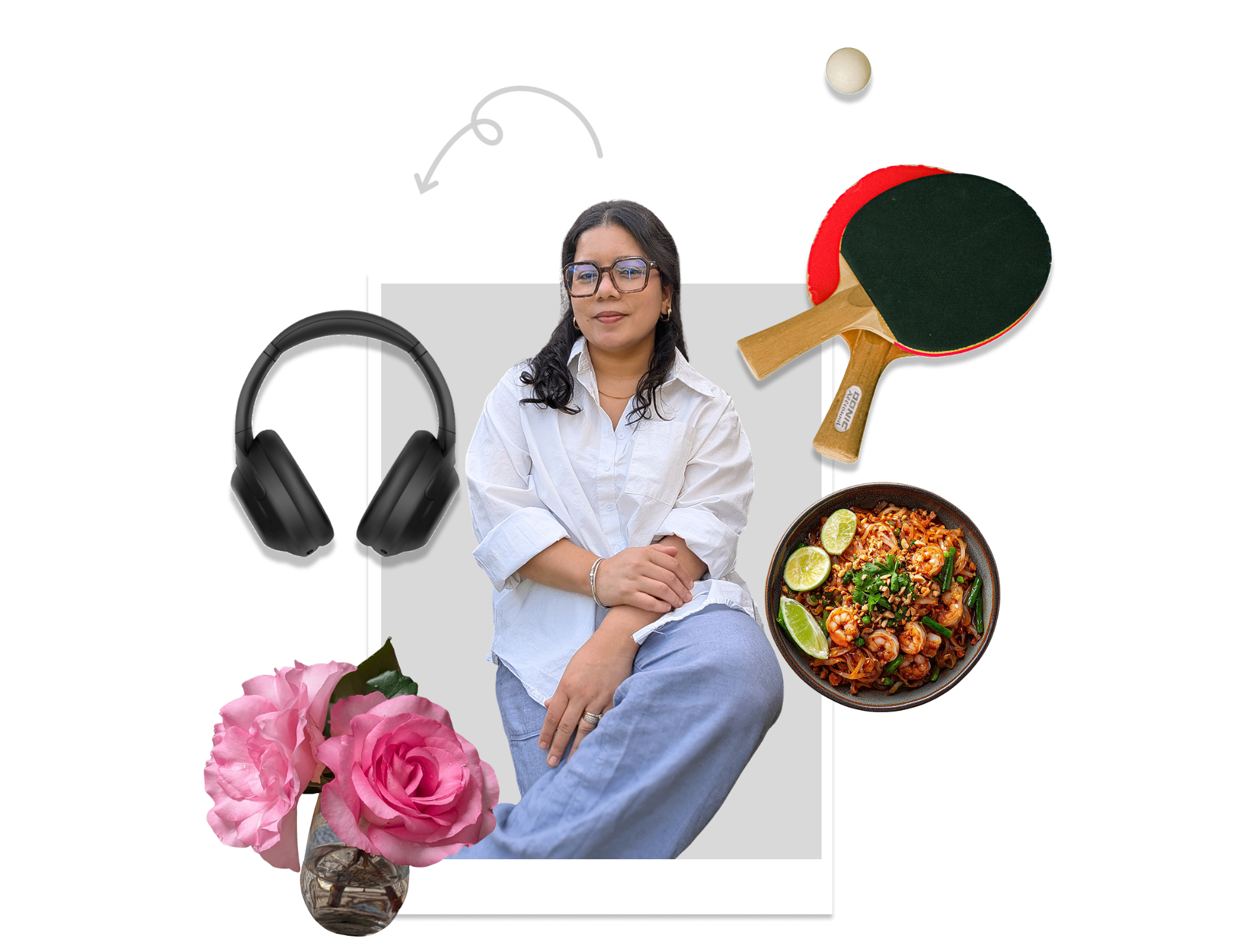 Ritika Negi, collage with her favourite things: headphones, table tennis paddle, pad thai, fresh roses