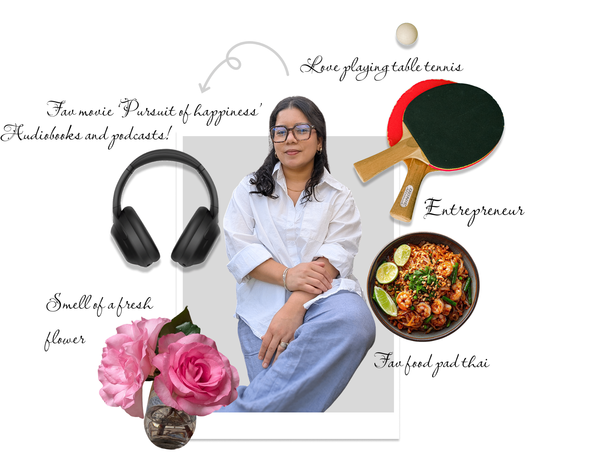 Ritika Negi, collage with her favourite things: headphones, table tennis paddle, pad thai, fresh roses