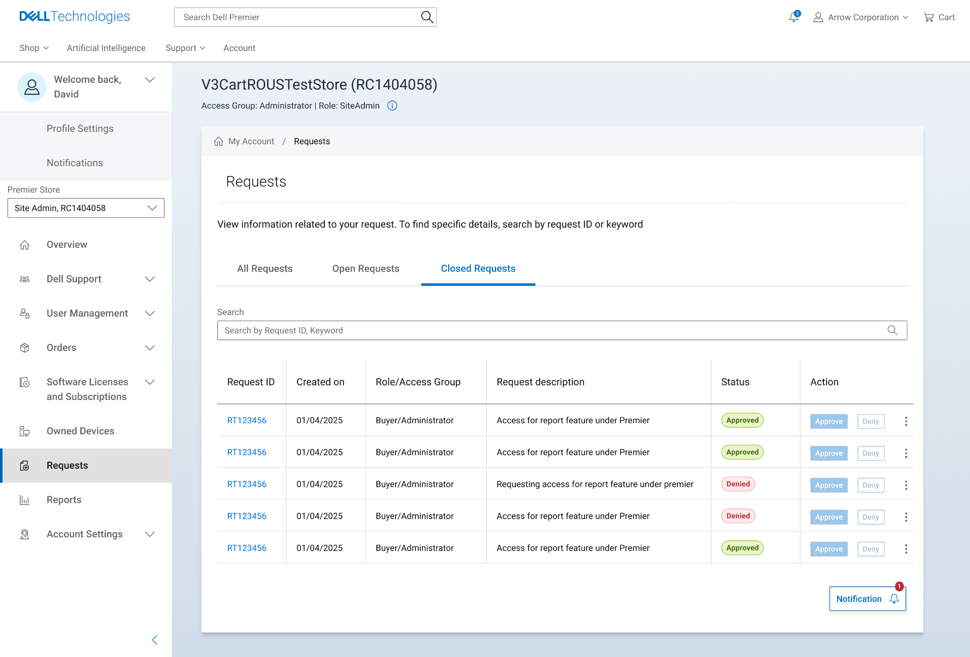 Closed tab, approved and denied requests stay searchable so nothing has to be reconstructed from memory.