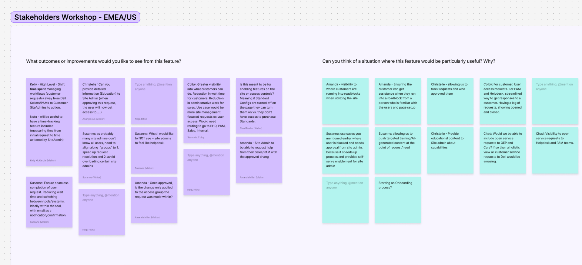 Stakeholder workshop boards across EMEA/US and APJC, mapping outcomes, edge cases and admin pain points before any screens were drawn.