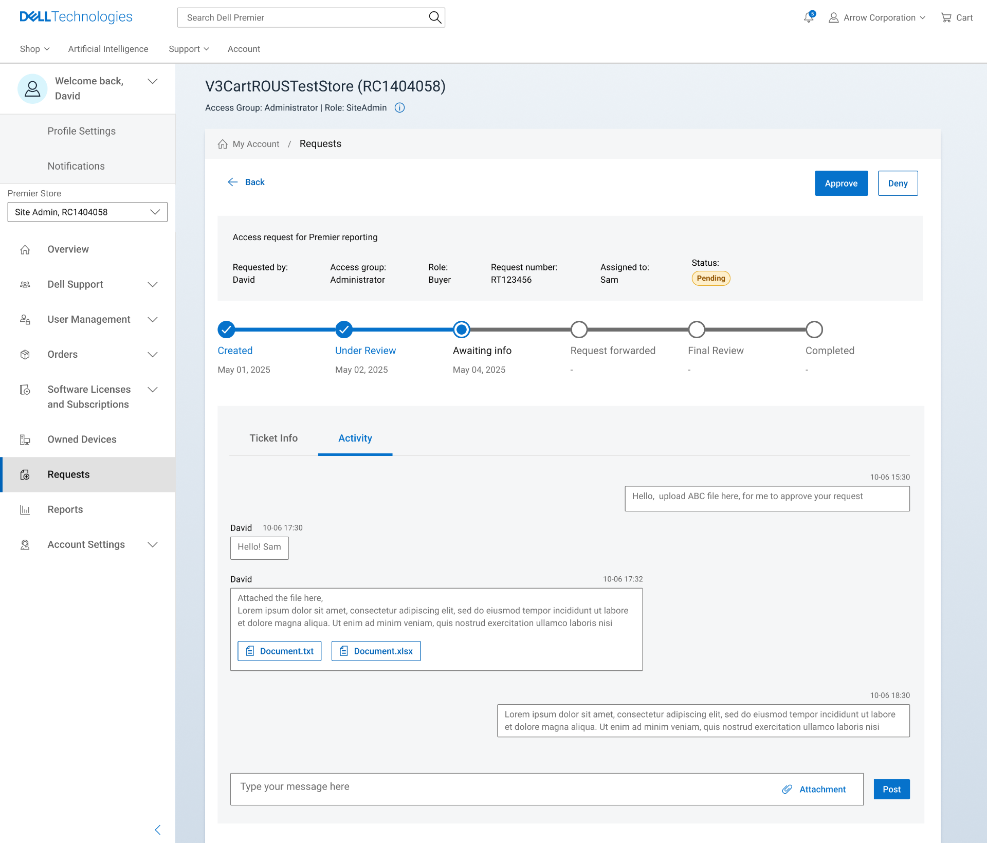 Activity thread, the back-and-forth between admin and requester lives inside the ticket, not in someone's inbox.