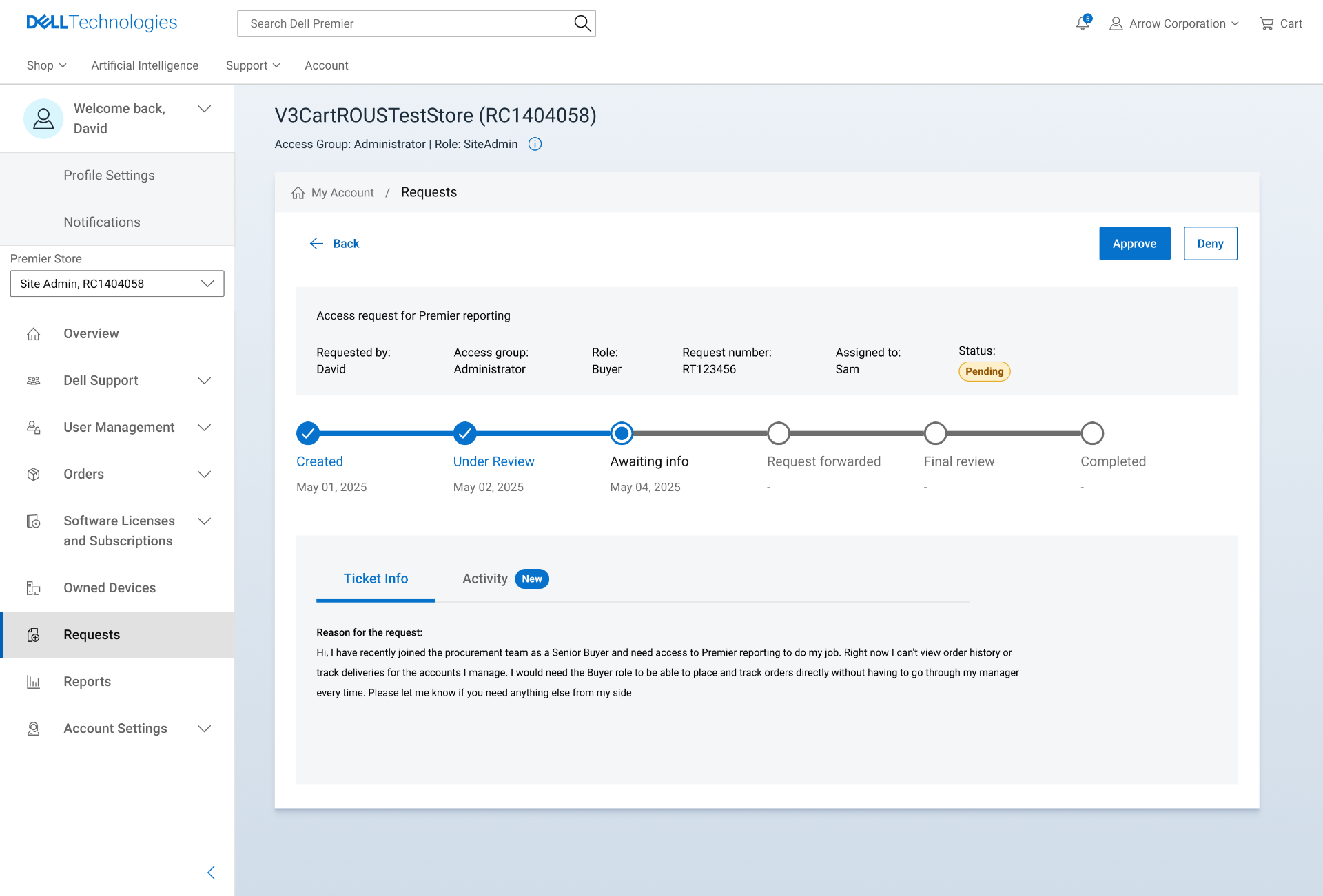 Ticket detail view, request context, role, and timeline kept together so admins see the why before the decision.